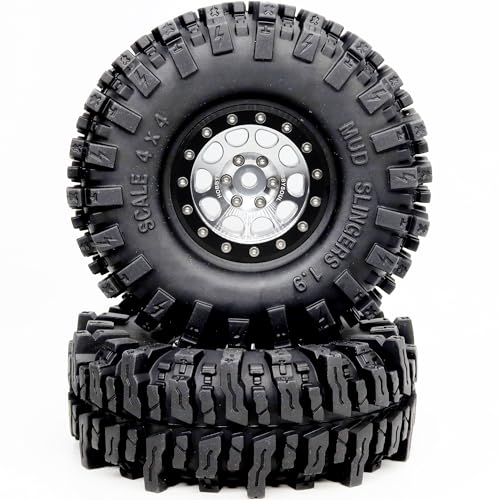 120mm Tall 1.9 Mud Slingers T8 Tires Tyres Mounted on Aluminum 1.9 Beadlock Wheels for 1/10 RC TRX4 SCX10 Gen8 Upgrades, (4-Pack, HS700570) - color: Silver & Black