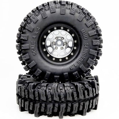 120mm Tall 1.9 Mud Slingers T8 Tires Tyres Mounted on Aluminum 1.9 Beadlock Wheels for 1/10 RC TRX4 SCX10 Gen8 Upgrades, (4-Pack, HS700570) - color: Silver & Black