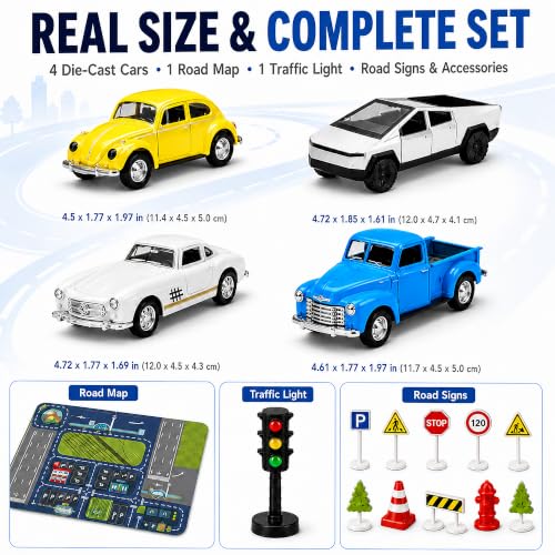 1:32 Die Cast Pull Back Truck Toys for Kids, Alloy Toy Cars with Openable Doors, Road Signs & Map Playset, Birthday Gift for Boys Girls Ages 3-8 - size: Alloy car 4-piece set