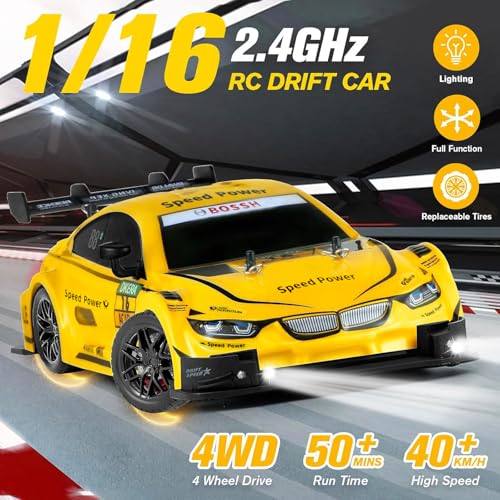 RC Drift Car, 1:16 Scale Drifting Cars 2.4GHz 4WD 40km/h | RC Race Car, High-Speed Remote Control Drift Cars Vehicle, Racing Sport Toy Gift for Boys Girls Kids(Yellow) - color: Yellow