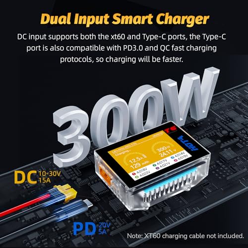 HOTA T6 RC 1S 2S 3S 4S 5S 6S Lipo Battery Charger RC Smart Battery Charger | 300W XT60, PD Dual Input, 15A, Compact RC Car Charger, Support PD3.0, QC Fast Charging Protocols, Muti-Language