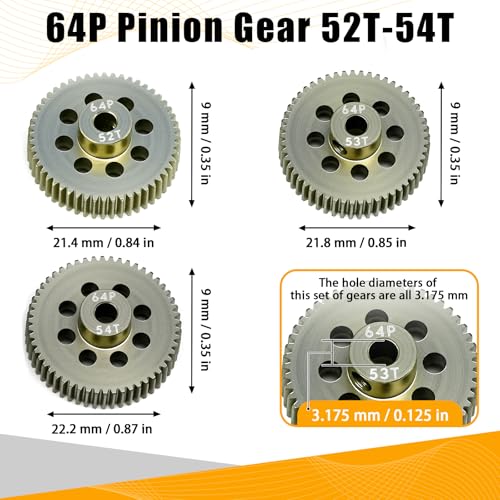 64P Pinion Gear 3.175mm Shaft 7075 Aluminum Alloy Motor Gears,0.6 Metric Pitch 52 53 54T with 1/8 Hole Pinion Gear Compatible with 1/10 Arrma HPI Kyosho Losi Axial Traxxas Tamiya RC Car - size: 52 53 54T
