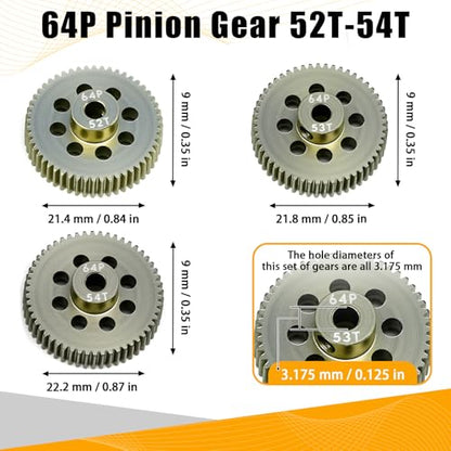 64P Pinion Gear 3.175mm Shaft 7075 Aluminum Alloy Motor Gears,0.6 Metric Pitch 52 53 54T with 1/8 Hole Pinion Gear Compatible with 1/10 Arrma HPI Kyosho Losi Axial Traxxas Tamiya RC Car - size: 52 53 54T