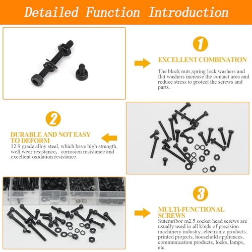 800 Pcs M2.5 x 4mm/6mm/8mm/10mm/12mm/16mm/20mm Socket Head Screws M2.5 Long Screws Metric Screws Bolts Washers Nuts Kit Machine Screw Assortment Kit 12.9 Grade Alloy Steel Fully Threaded for Furniture - size: M2.5x4/6/8/10/12/16/20mm-800Pcs