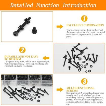 800 Pcs M2.5 x 4mm/6mm/8mm/10mm/12mm/16mm/20mm Socket Head Screws M2.5 Long Screws Metric Screws Bolts Washers Nuts Kit Machine Screw Assortment Kit 12.9 Grade Alloy Steel Fully Threaded for Furniture - size: M2.5x4/6/8/10/12/16/20mm-800Pcs