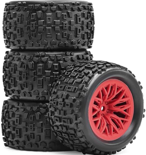 Pre-Glued 1/16 & 1/18 RC Monster Truck Tires, Soft Rubber Tire and Nylon Wheels Rims with 12mm hex Compatible with ARRMA 1/18 Granite/Typhon Grom, WLtoys A949, MJX Hyper Go H16 RC Buggy, 4PCS (Red) - color: Red