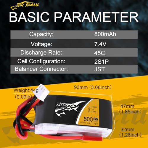 TATTU 800mAh 7.4V 45C 2S1P LiPo Battery Pack with JST-SYP Plug(2 Pcs) - size: 2 Pcs
