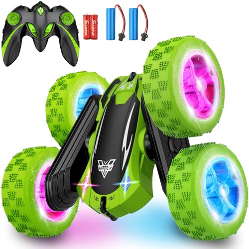 KKONES Remote Control Car, 2.4GHz Electric Race 4WD Flips Stunt Car, Green | Double Sided 360° Rolling Rotation, LED Headlights, High Speed Off Road Gift for 3 4 5 6 7 8-12 Year Old Boy Toys - color: Green