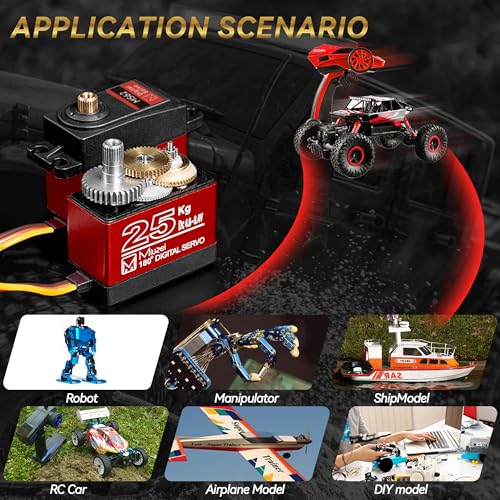 25KG Servo Motor High Torque Metal Gear for 1/10 1/8 RC Car 4 Pack | 27.5kg.cm Torque & 0.13s/60° Speed @8.4V, 180 Degree Digital Waterproof Standard Steering with 25T Horn for RC Crawler Robot