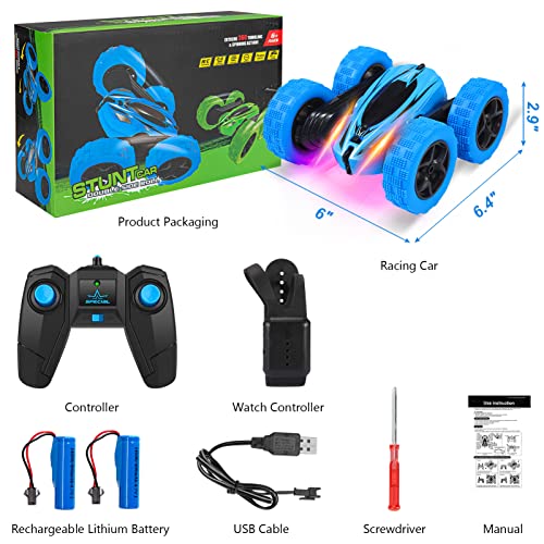 Remote Control Car RC Stunt Car Watch Gesture Sensor Car 4WD Double Sided 360 Degree Rotating Tumbling Rechargeable Car High Speed 2.4GHZ Off Road Hobby RC Toy Cars for Xmas Birthday Gift Adults,Kids - style: Blue