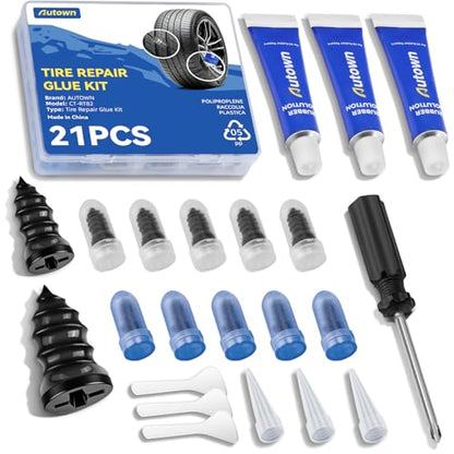 AUTOWN 21PCS Tire Repair Rubber Nail Kit - Complete Screw Plug Kit with Glue, Fast Fix for Flat Tires on Car, Truck, Motorcycle, SUV & More - size: 21PCS