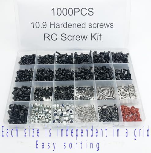 1000pcs Universal RC Screw Kit Screws Assortment Set, Hardware Fasteners for Traxxas Axial Redcat HPI Arrma SCX10 Losi 1/8 1/10 1/12 1/16 Scale RC Cars Trucks Crawler (1000pcs RC Screws) - style: 1000pcs RC Screws