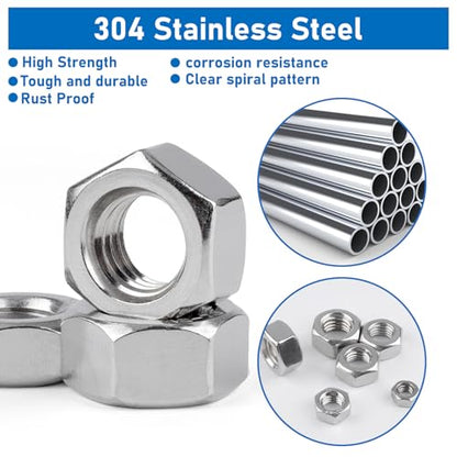 Hex Nuts, 200 Pack M4 304 (A2-70) Stainless Steel Hardware Nuts,Standard Inch Coarse Thread Nuts - color: Silver, size: M4