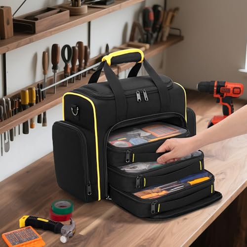 Marscamd Tool Bag with 3 Removable Cases, 2 Layers Tool Tote for Hand Tools | with Front Molle Straps & Detachable Shoulder Strap, Black with Yellow Binding - color: Black with Yellow Binding