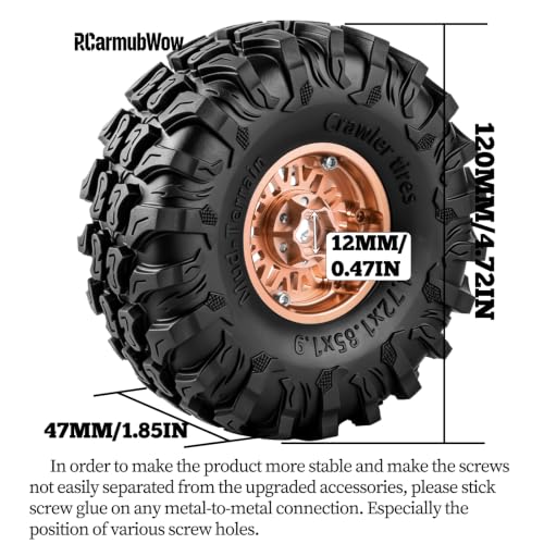 1.9 Inch Beadlock Aluminum Wheels and Tires, 4PCS RC Crawler Wheel Tire Set Compatible with 1/10 Scale SCX10 90046 AX103007 SCX10 II III TRX4 TRX6 Gen7 Gen8 D90 VS4-10 MST CFX,Brown - color: Brown(4pcs)