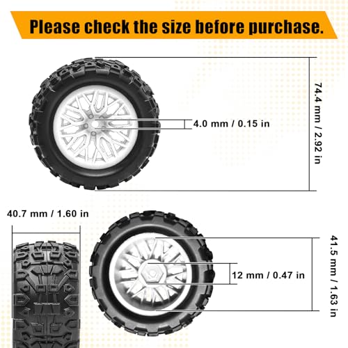 Pre-Glued 1/16 & 1/18 RC Monster Truck Rubber Tire & Nylon Wheel - 12mm Hex | Rubber Tires with Foam Fits for ARRMA 1/18 Granite/Typhon Grom, WLtoys A949, MJX Hyper Go H16 (4PCS, White) - color: White