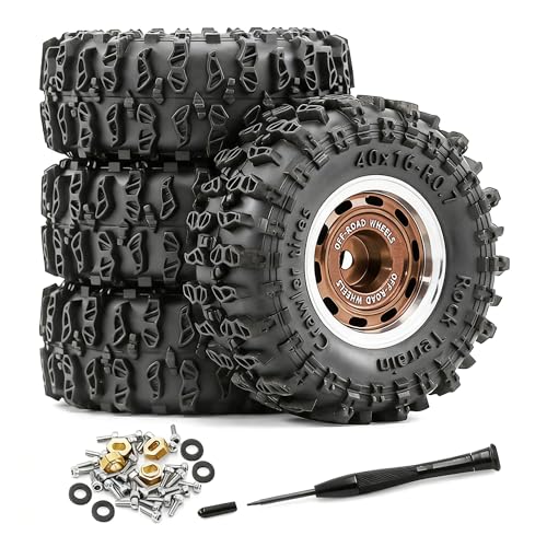 0.7” Wheel & Crawler Terrain Tire Set for 1/30 RC Crawler, -1.00mm Offset, Axial SCX30 & Redcat Ascent-32, CNC Aluminum Rims, 5mm Hex, Shims Screwdriver Included, Pre-Assembled, 4 pcs, Brown - color: Brown-1, size: Rock-trail-clean-out