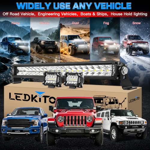 22In LED Light Bar+4In LED Cube Pod Lights with Wiring Harness Kit | Spot Flood Combo Single Row Straight Off Road Driving Work Light Bar 3Pin Rocker Switch for Je-ep Pickup Golf Car Tractor GMC