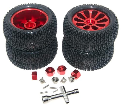 Wheel Rim Tire Compatible with 1/14 1/16 MJX Hyper Go Wltoys Upgrade 16207 16208 14210 Rc Car Aluminum Alloy 12mm Hex Adapter Part(Red) - color: Red