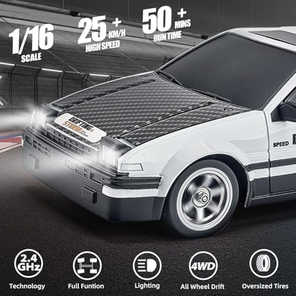RC Drift Car 1/16 2.4GHz 4WD RTR Drift Car High Speed Remote Control Cars with LED Lights, Two Batteries and Drifting Tires Racing Toy Cars for Boys Kids Girls Adults, White