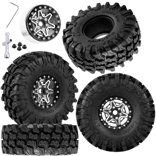 1.9 Beadlock Wheels Tires for 1/10 TRX4 TRX6 SCX10 SCX10 II 90046 SCX10 III AXI03007 SCX10 Pro Gen7/8 D90 VS4-10 MST CFX RC Crawler Car,RC Aluminium 1.9 Heavy Duty Rims and Rubber Tires,Black