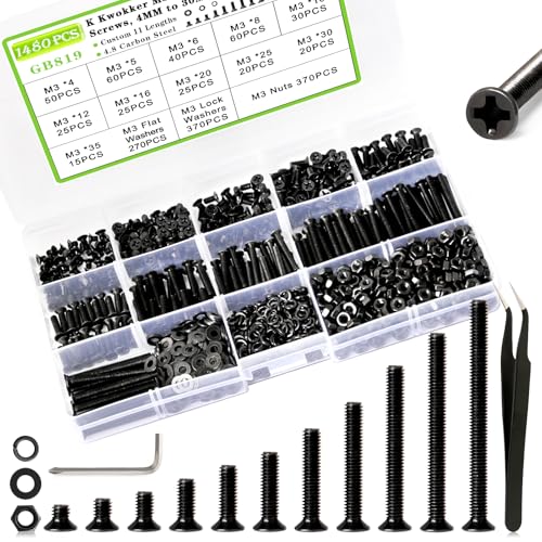 1480Pcs M3 Flat Head Phillips Machine Screws, 4mm to 35mm M3 Screw Kit, Black Metric Countersunk Nuts and Bolts for 3D Printer Robot Project Toy RC, 4/5/6/8/10/12/16/20/25/30/35mm - size: E.M3