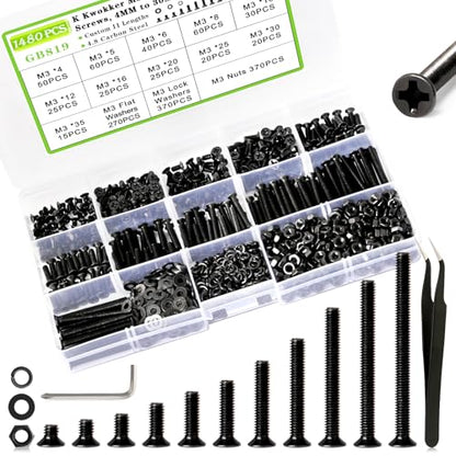 1480Pcs M3 Flat Head Phillips Machine Screws, 4mm to 35mm M3 Screw Kit, Black Metric Countersunk Nuts and Bolts for 3D Printer Robot Project Toy RC, 4/5/6/8/10/12/16/20/25/30/35mm - size: E.M3