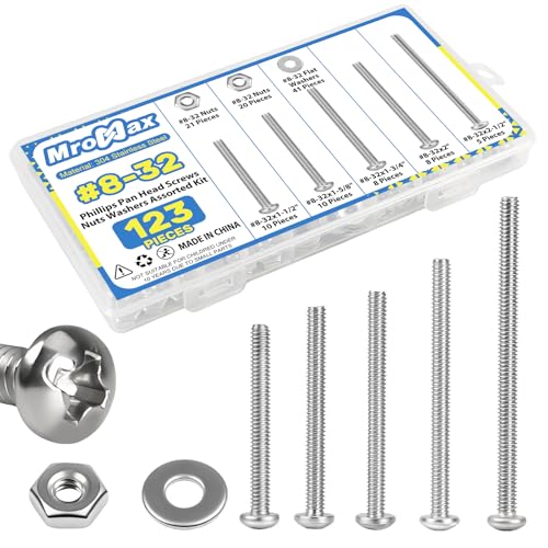 #8-32 x 1-1/2" to 2-1/2" Long Pan Head Machine Screws Kit for Outlet Box | 123Pcs with Nut Washer, 304 Stainless Steel UNC Fully Threaded Phillips Drive, for Wall Plate, Appliance and Furniture Repair - size: #8-32(Long Screws Kit）