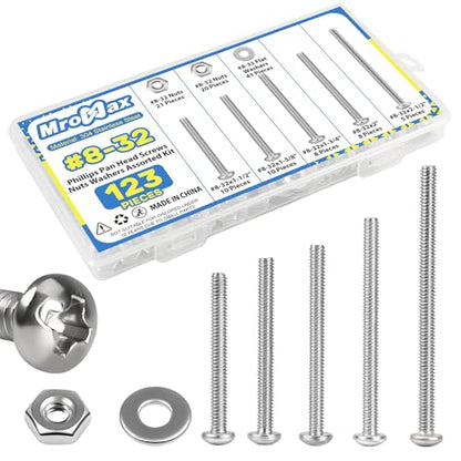 #8-32 x 1-1/2" to 2-1/2" Long Pan Head Machine Screws Kit for Outlet Box | 123Pcs with Nut Washer, 304 Stainless Steel UNC Fully Threaded Phillips Drive, for Wall Plate, Appliance and Furniture Repair - size: #8-32(Long Screws Kit）