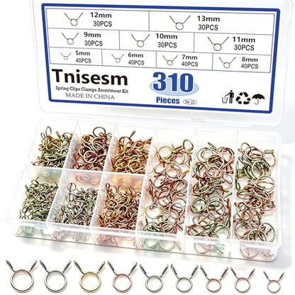 Tnisesm 310Pcs 5-13mm 9 Size Spring Clips Clamps Assortment Kit, Fuel Line Hose Tubing Spring Clips Clamps for Motorcycle Scooter ATV