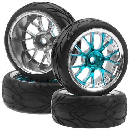 ShareGoo Plastics Wheel Rims w/Rubber Tire RC 12mm Hex Hub Compatible with HSP Tamiya XV01 TT01 Kyosho Traxxas Sakura WLtoys HSP 3Racing 1/10 RC On-Road Racing Touring Car (Blue) - color: Blue