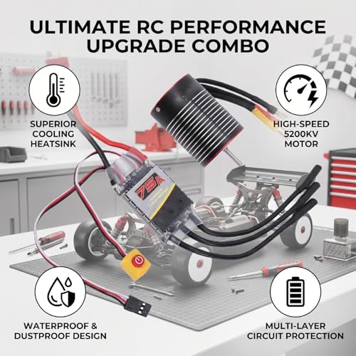 Diydeg RC Brushless Motor ESC Combo, Water Proof 3650 5200KV Brushless Motor & 75A ESC Combo Set, 3.175mm Shaft Smart Sensorless for 1/10 1/8 RC Car Truck