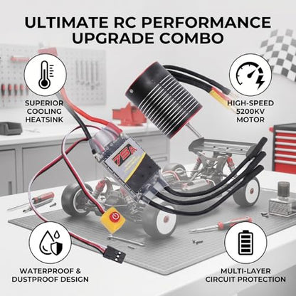Diydeg RC Brushless Motor ESC Combo, Water Proof 3650 5200KV Brushless Motor & 75A ESC Combo Set, 3.175mm Shaft Smart Sensorless for 1/10 1/8 RC Car Truck