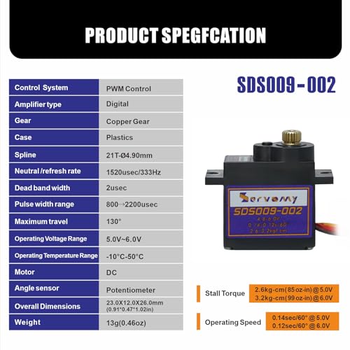 SDS009-002 -13G Micro Servo 2.6-3.2kgf.cm Torque Metal Gear, 4.8-6.0V 180° 21T Horn, Replacement for SG90/MG90S/ES08MD, RC Cars Drones Robots Arduino STM32 - color: Blank (13g, Metal Gear)