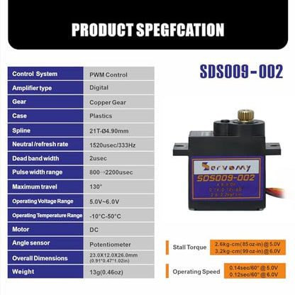 SDS009-002 -13G Micro Servo 2.6-3.2kgf.cm Torque Metal Gear, 4.8-6.0V 180° 21T Horn, Replacement for SG90/MG90S/ES08MD, RC Cars Drones Robots Arduino STM32 - color: Blank (13g, Metal Gear)