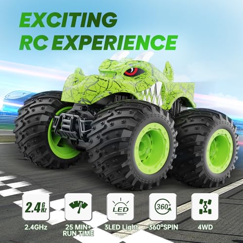 BAODLON RC Monster Trucks Toys for 3 4 5 6 7 8 Years Old Boys Kids, 2.4GHz Remote Control Monster Car, All Terrain RC Truck Off Road with Spray & Light, Rechargeable Battery, Christmas Birthday Gifts - style: Dinosaur-green