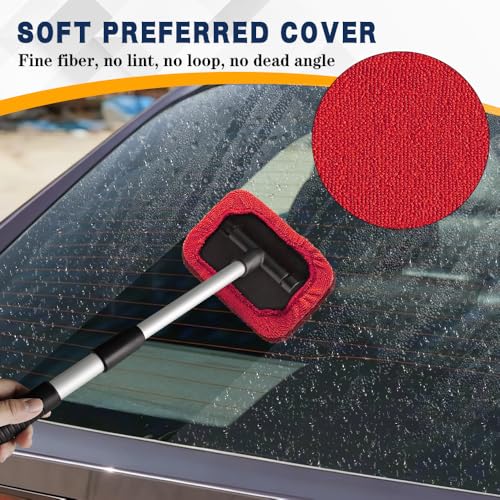 Windshield Cleaning Tool, Car Window Cleaner, Vehicle Window Cleaner with Extendable Handle & 2 Washable Microfiber Pads, Car Interior Glass Wiper Cleaning Kit for Most Vehicles (Red) - color: Red