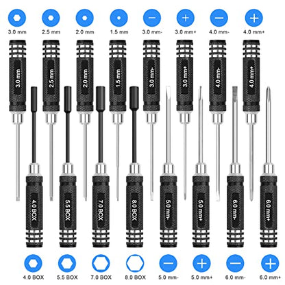 RC Hex Screwdriver Tool Set 16 Pcs Screwdrivers Kit 4 Pcs Hex Driver 8 Pcs Screwdriver 4 Pcs Nut Wrench Repair Tool Kit Socket Screwdrivers for RC Quadcopter Helicopter FPV Drone Car Airplane