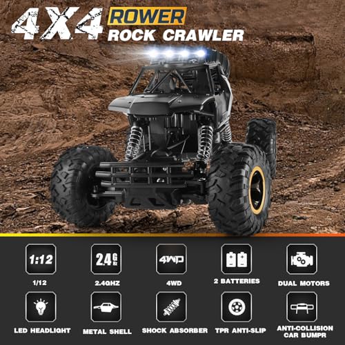 RC Cars Remote Control Car 1:12 Off Road Truck, Metal Shell LED Headlights Offroad Monster RC Truck, 4x4 All Terrain Hobby RC Cars Toys for Boys Kids Adults Gifts 8-12 - color: Black