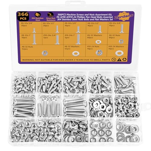 366Pcs #6-32#8-32#10-24 Machine Screw Kit 304 SS, Nuts & Washers | Pan Head #6-32x1/4",1/2"; #8-32x3/8",1/2",5/8",1"; #10-24x3/4",1", Rust Resistant, For Switch Plates & DIY,Storage Case Incl - size: #6-32#8-32#10-24