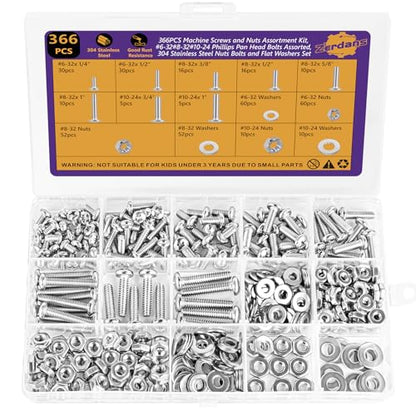 366Pcs #6-32#8-32#10-24 Machine Screw Kit 304 SS, Nuts & Washers | Pan Head #6-32x1/4",1/2"; #8-32x3/8",1/2",5/8",1"; #10-24x3/4",1", Rust Resistant, For Switch Plates & DIY,Storage Case Incl - size: #6-32#8-32#10-24