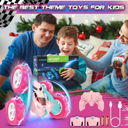 cosone Pink Remote Control Car for Girls | 2.4GHz RC Stunt Car, 360° Spins & Double Sided Driving, LED Lights, USB-C Rechargeable, One-Click Demo - color: Pink Pro