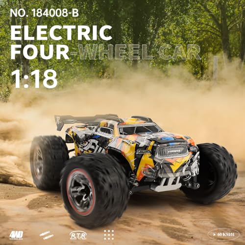 GoolRC WLtoys 184008 Brushless RC Cars for Adults, 60KM/H High Speed Remote Control Car, 4WD 1:18 Scale All Terrain Off Road Monster Truck, 2.4GHz RC Racing Car with 2 Batteries (Yellow) - color: Yellow