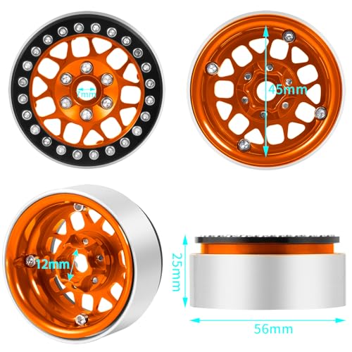 4PCS Metal 1.9 Inch Beadlock Wheels RC Wheel Rim Set, Orange+Black | Wheel Hub, For 1/10 RC Crawler TRX4 TRX6 Axial SCX10 I II III 90046 AXI03007 D90, 12mm Hex - color: Orange+black