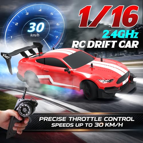 Remote Control Car RC Drift Car 1:16 Scale 4WD RC Vehicle with LED Lights 2.4GHz 30km/h RTR High Speed Racing Sport Toy for Adults Boys Girls Kids Gift 2Pcs Rechargeable Battery - color: Red-mg