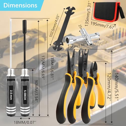 12 Pieces RC Car Repair Tool Kit with Hex Phillips Flat Screwdrivers, Pliers, Spanners, Wrenches–Hobby Tool Set Compatible with RC Car Drone Helicopter Airplane Boat Multirotor Models(Black) - color: Black