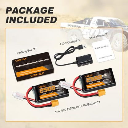 2S Lipo Battery 2500mAh 7.4V 80C High Discharge Rate Shorty Pack RC Batteries with XT60 Plug Fit for RC Airplane FPV Quadcopter Helicopter Drone Racing RC Hobby Model with 1TO2 Charger - style: XT60