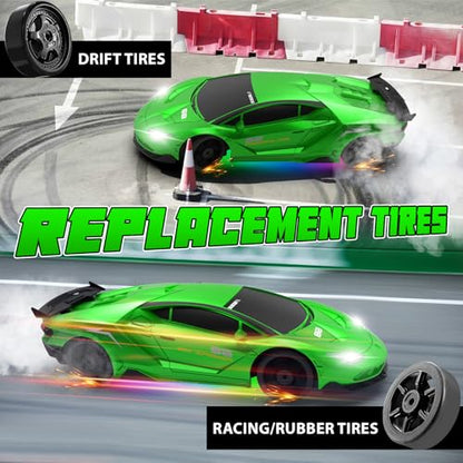 RC Drift Remote Control Car 2.4GHz 1/24 4WD 15KM/H High Speed Racing Sport with LED Lights Drifting Tire Toy for Adults Boys Girls Kids Gift - color: Green