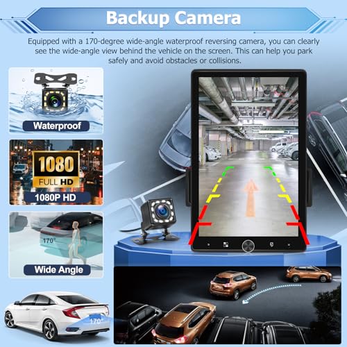 NHOPEEW Rotatable Single Din Car Stereo with Wireless Carplay and Android Auto - 10.4 Inch Vertical Touch Screen Car Radio - Bluetooth/Mirror Link/SWC/FM + 12leds Backup Camera & Microphone