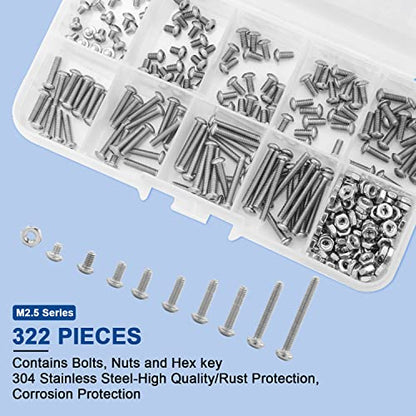 NINDEJIN 322 Pcs M2.5 Small Metric Screw Bolts Assortment, Button Head Socket Cap Screw Bolts and Nuts with Allen Key, M2.5 x 3/4/5/6/8/10/12/16/20 mm Screw Bolt, 304 Stainless Steel Screws and Nuts - size: 322Pcs M2.5 3mm-20mm